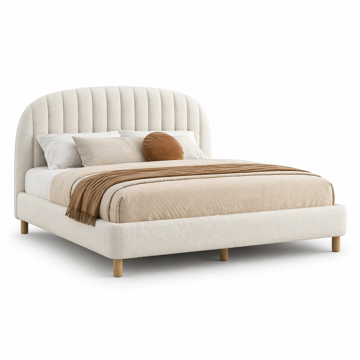 Cama doble beige tapizada estilo boucle-selviao